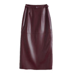 Burgundy leather midi pencil skirt with belted waist, front view
