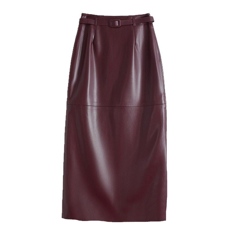 Burgundy leather midi pencil skirt with belted waist, front view