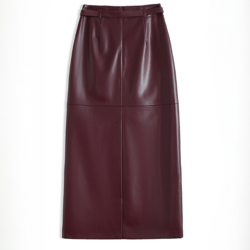 Model wearing burgundy leather pencil skirt, standing pose