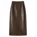 Back view of burgundy leather pencil skirt with belt