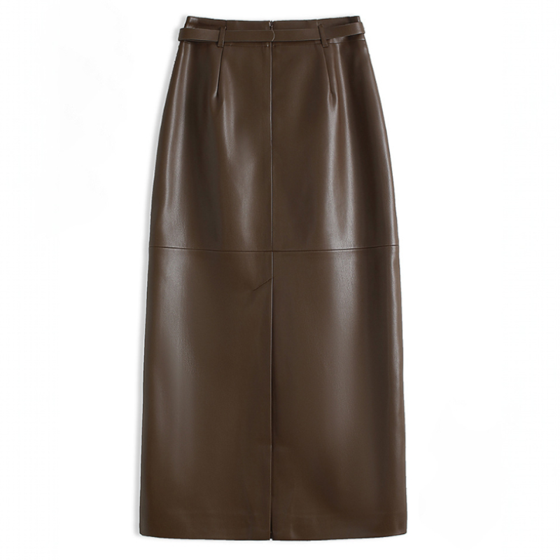 Back view of burgundy leather pencil skirt with belt