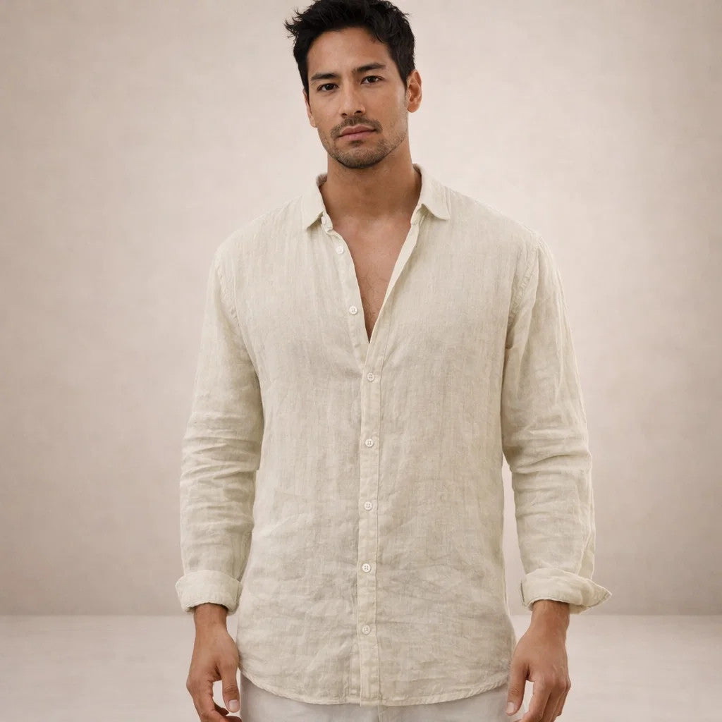 Men's Linen Long Sleeve Shirt with Open Collar