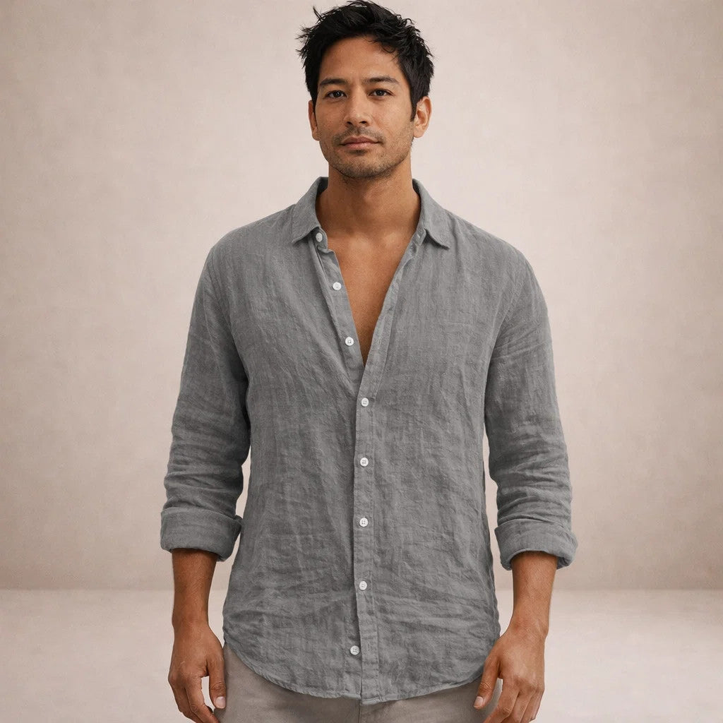 Men's Linen Long Sleeve Shirt with Open Collar