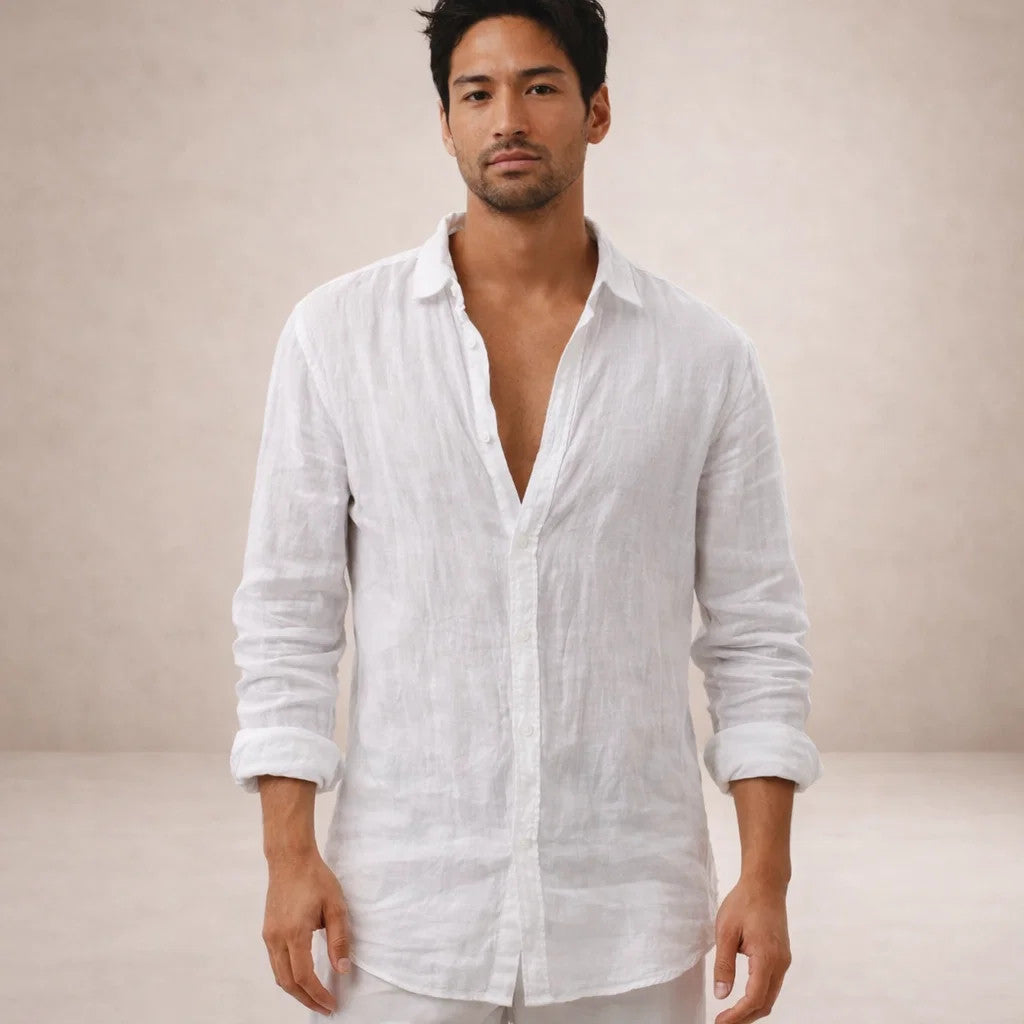 Men's Linen Long Sleeve Shirt with Open Collar