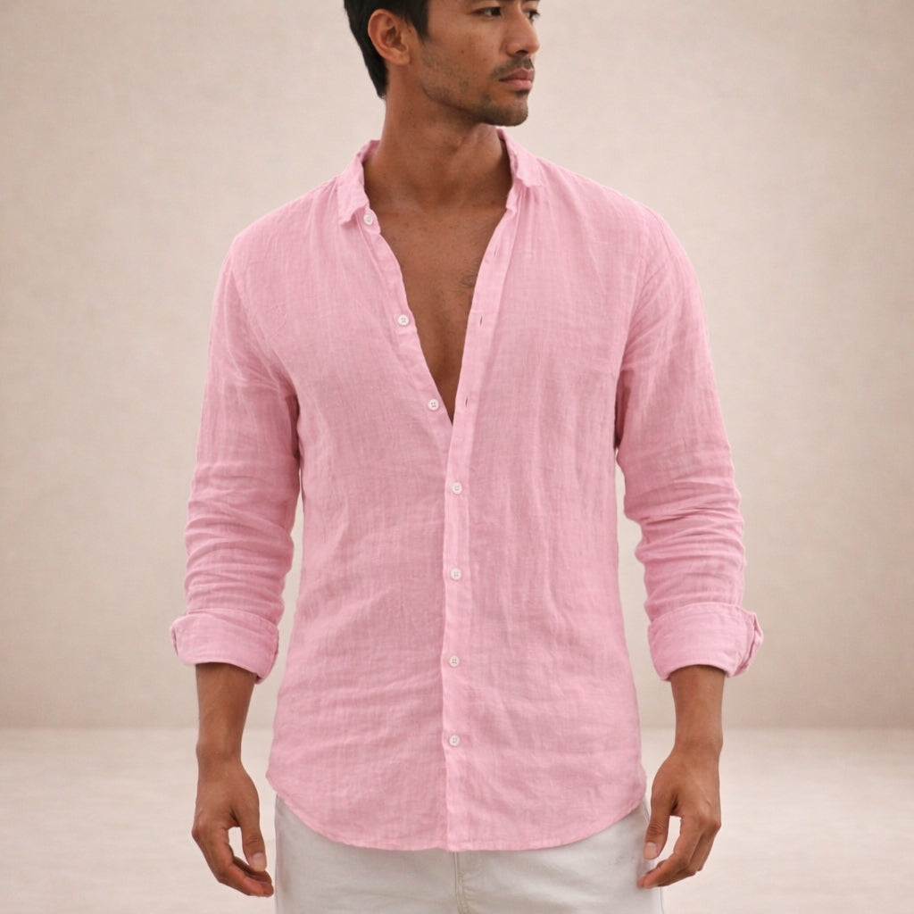 Men's Linen Long Sleeve Shirt with Open Collar