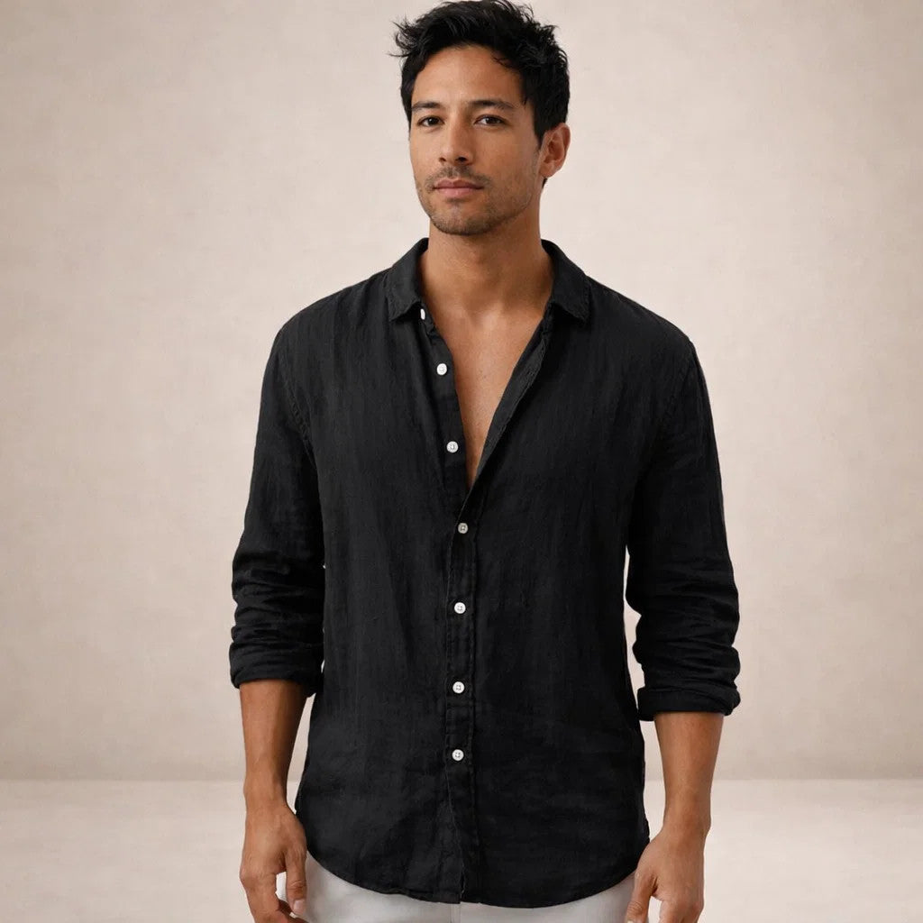 Men's Linen Long Sleeve Shirt with Open Collar
