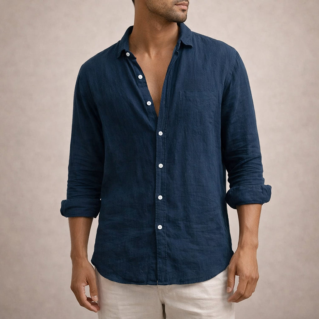 Men's Linen Long Sleeve Shirt with Open Collar