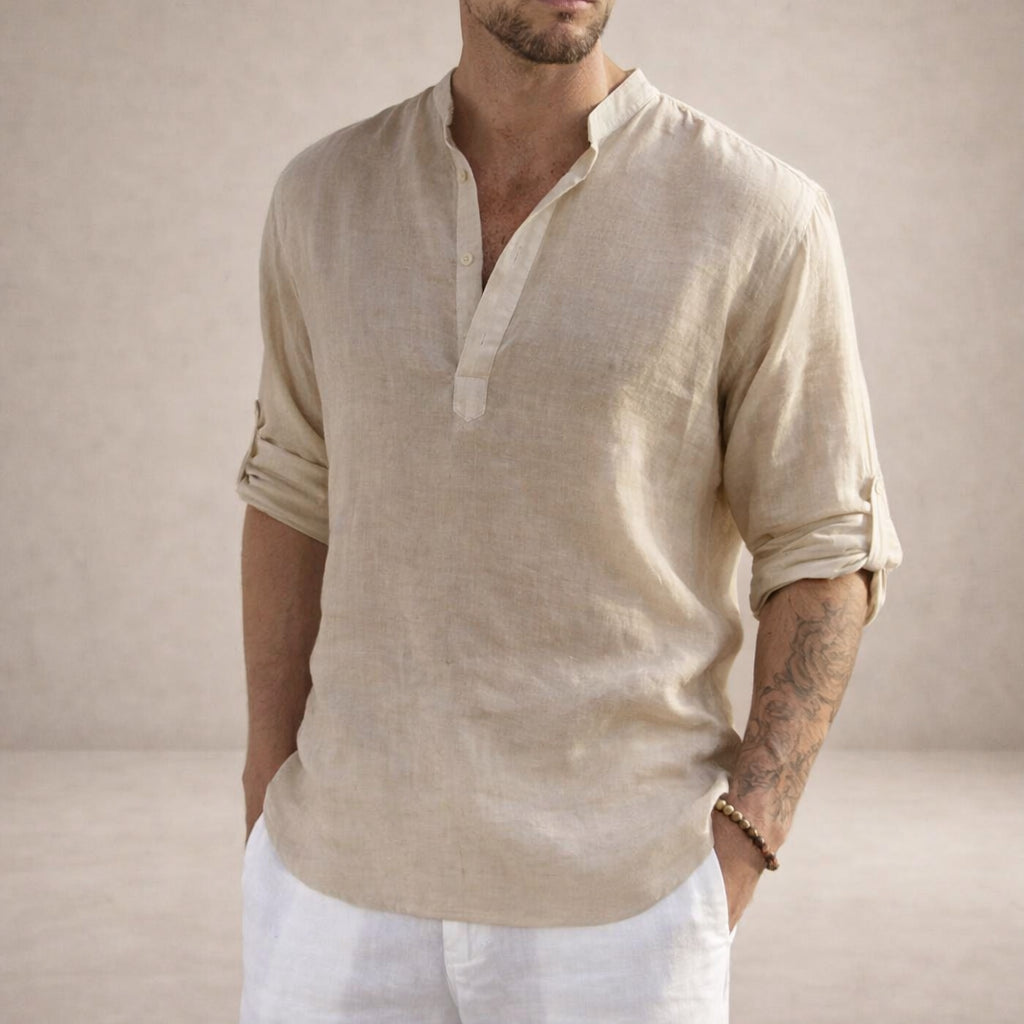 Men's Linen Henley Shirt with Grandad Collar and Long Sleeves