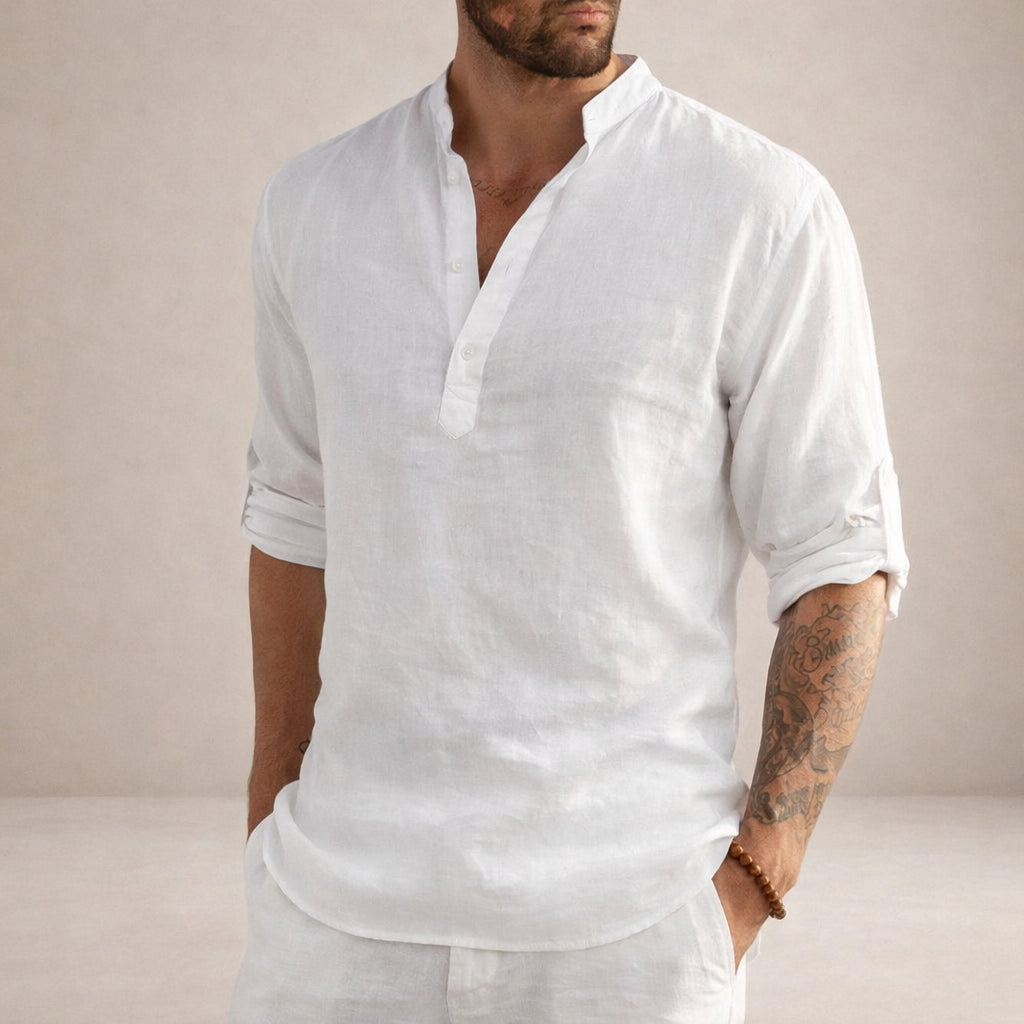 Men's Linen Henley Shirt with Grandad Collar and Long Sleeves