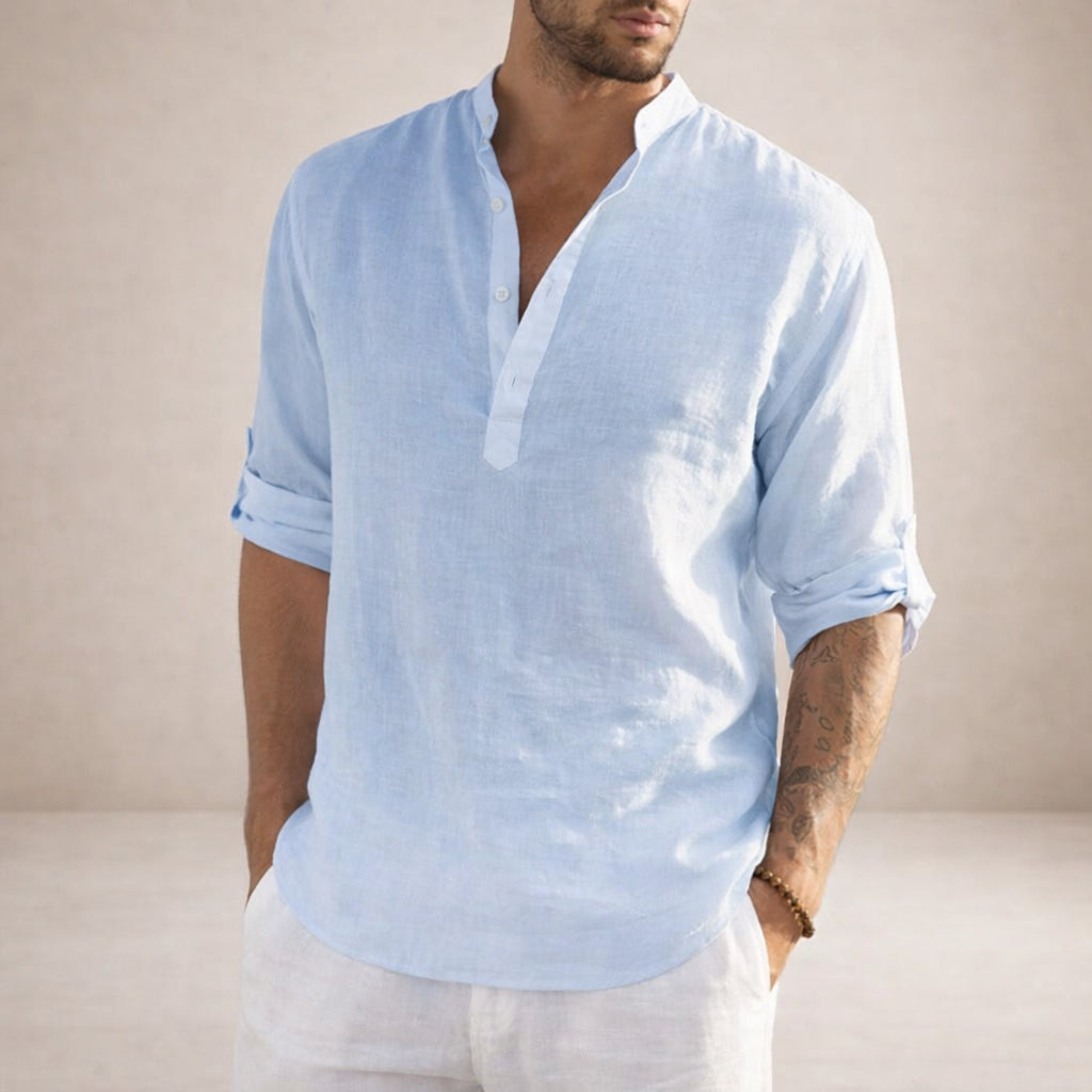 Men's Linen Henley Shirt with Grandad Collar and Long Sleeves