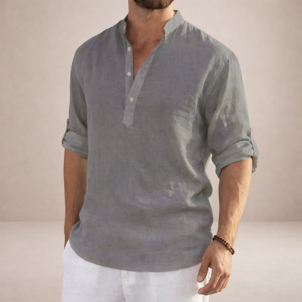 Men's Linen Henley Shirt with Grandad Collar and Long Sleeves