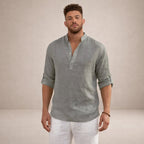 Men's Linen Henley Shirt with Grandad Collar and Long Sleeves