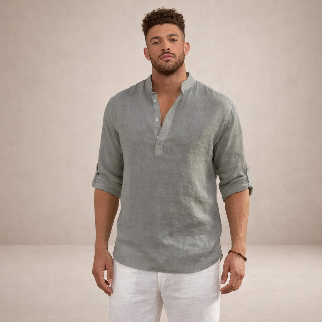 Men's Linen Henley Shirt with Grandad Collar and Long Sleeves