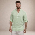 Men's Linen Henley Shirt with Grandad Collar and Long Sleeves
