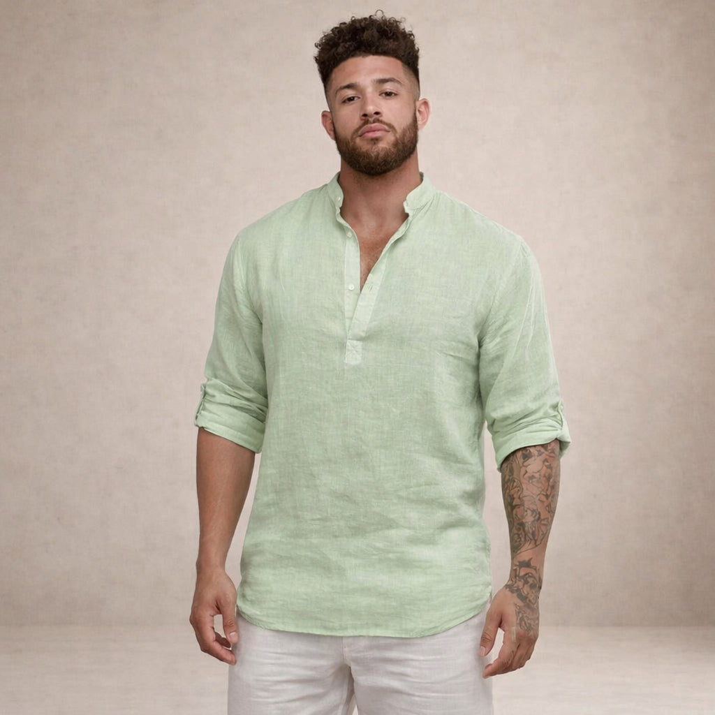 Men's Linen Henley Shirt with Grandad Collar and Long Sleeves
