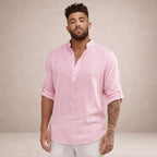 Men's Linen Henley Shirt with Grandad Collar and Long Sleeves