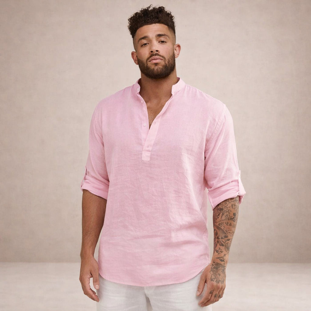 Men's Linen Henley Shirt with Grandad Collar and Long Sleeves