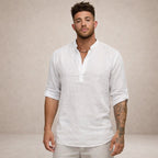 Men's Linen Henley Shirt with Grandad Collar and Long Sleeves