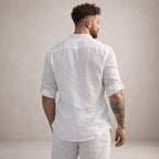 Men's Linen Henley Shirt with Grandad Collar and Long Sleeves