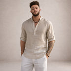 Men's Linen Henley Shirt with Grandad Collar and Long Sleeves