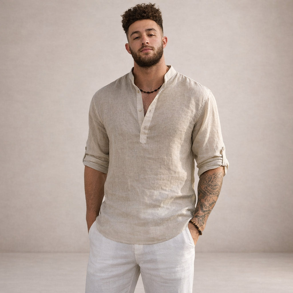 Men's Linen Henley Shirt with Grandad Collar and Long Sleeves