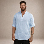 Men's Linen Henley Shirt with Grandad Collar and Long Sleeves