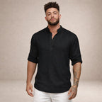Men's Linen Henley Shirt with Grandad Collar and Long Sleeves