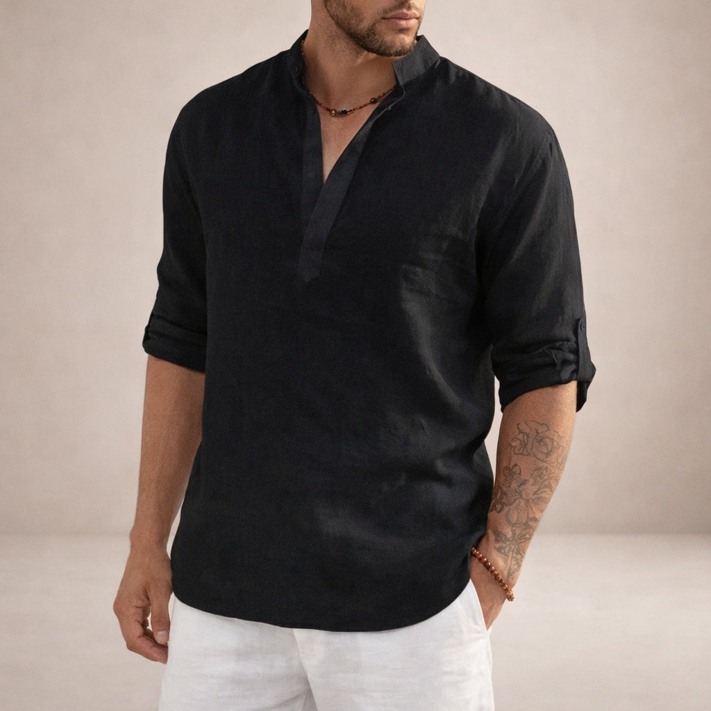 Men's Linen Henley Shirt with Grandad Collar and Long Sleeves
