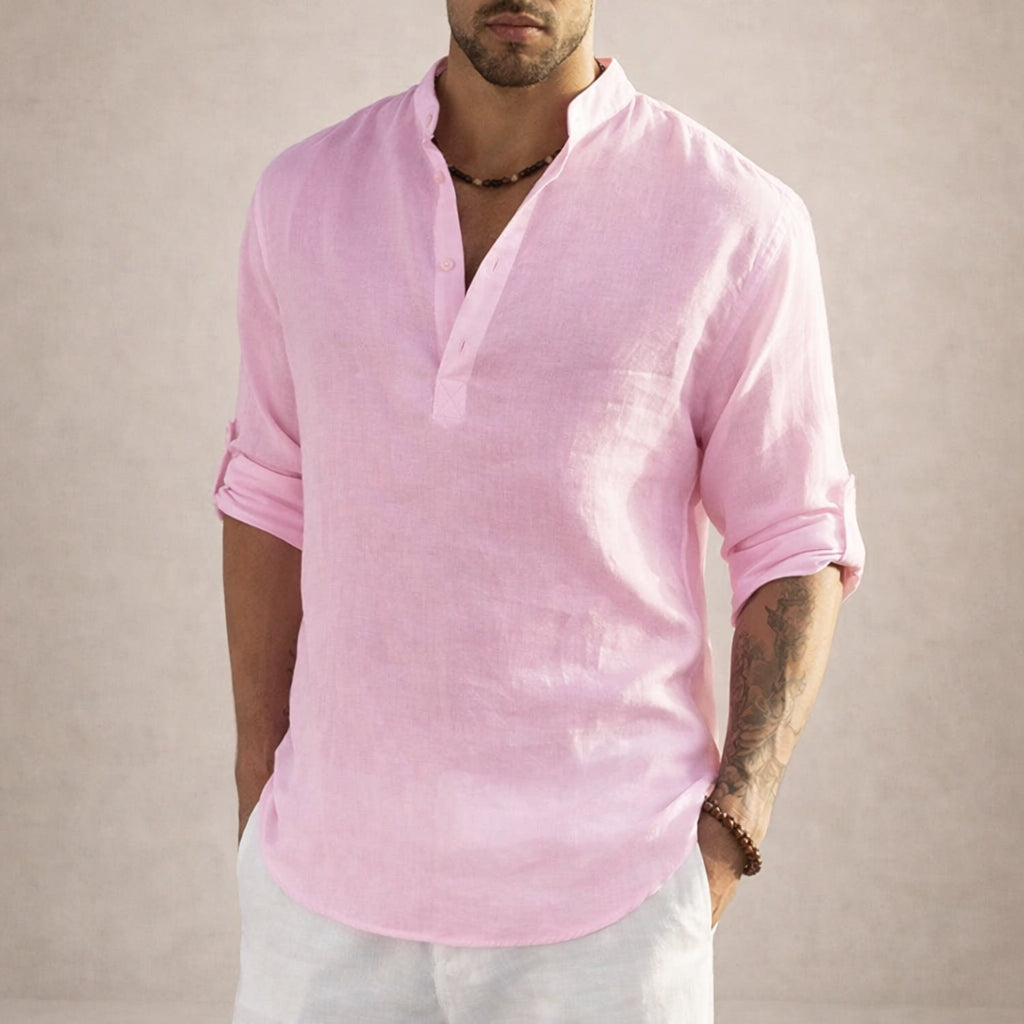 Men's Linen Henley Shirt with Grandad Collar and Long Sleeves