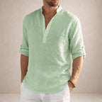 Men's Linen Henley Shirt with Grandad Collar and Long Sleeves
