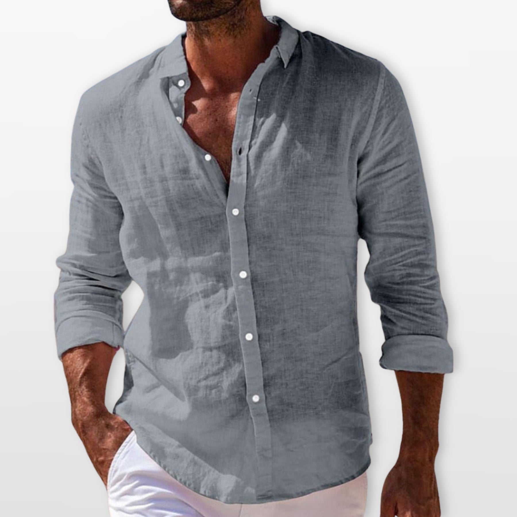 Men's Long Sleeve Linen Shirt with Classic Collar