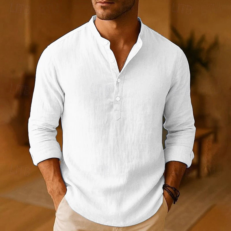 Men's Linen Grandad Collar Shirt Long Sleeve Relaxed Fit