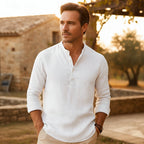 Men's Linen Grandad Collar Shirt Long Sleeve Relaxed Fit