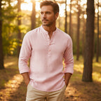 Men's Linen Grandad Collar Shirt Long Sleeve Relaxed Fit