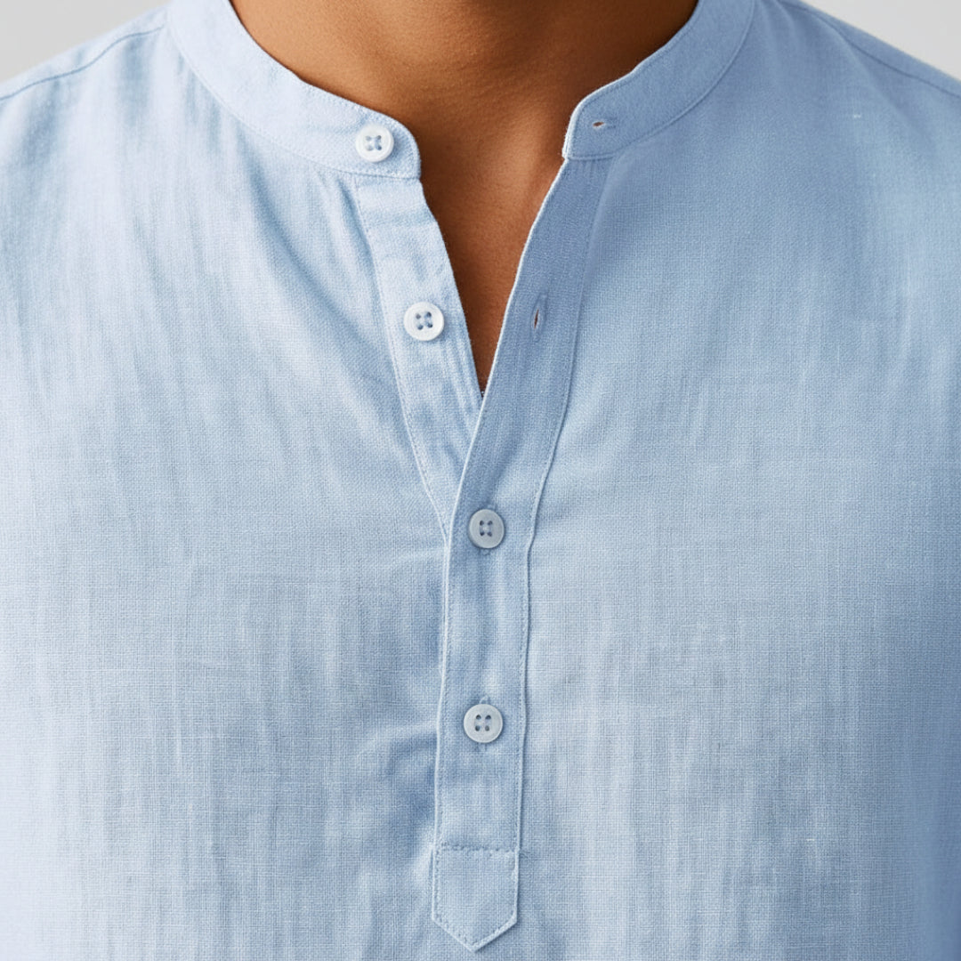 Men's Linen Grandad Collar Shirt Long Sleeve Relaxed Fit