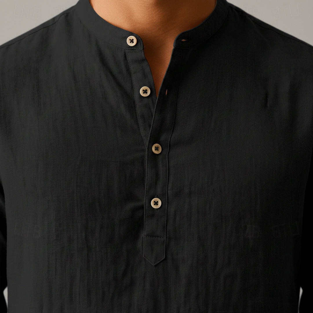 Men's Linen Grandad Collar Shirt Long Sleeve Relaxed Fit