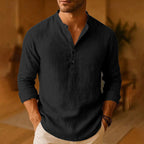 Men's Linen Grandad Collar Shirt Long Sleeve Relaxed Fit