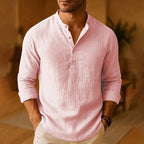 Men's Linen Grandad Collar Shirt Long Sleeve Relaxed Fit