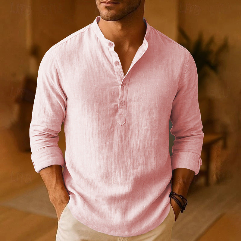 Men's Linen Grandad Collar Shirt Long Sleeve Relaxed Fit