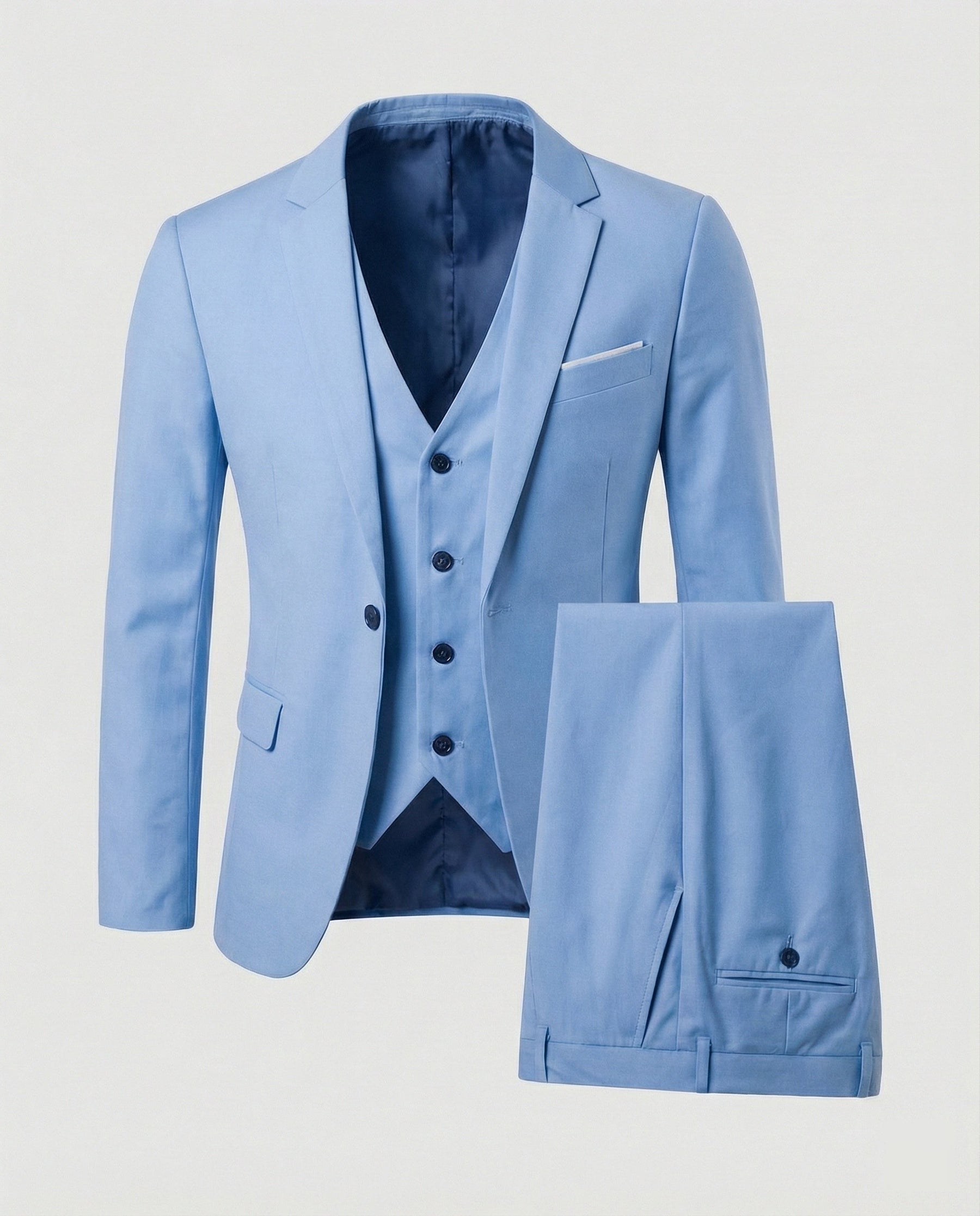 Costume trois pièces ajusté avec gilet bleu ciel pour homme