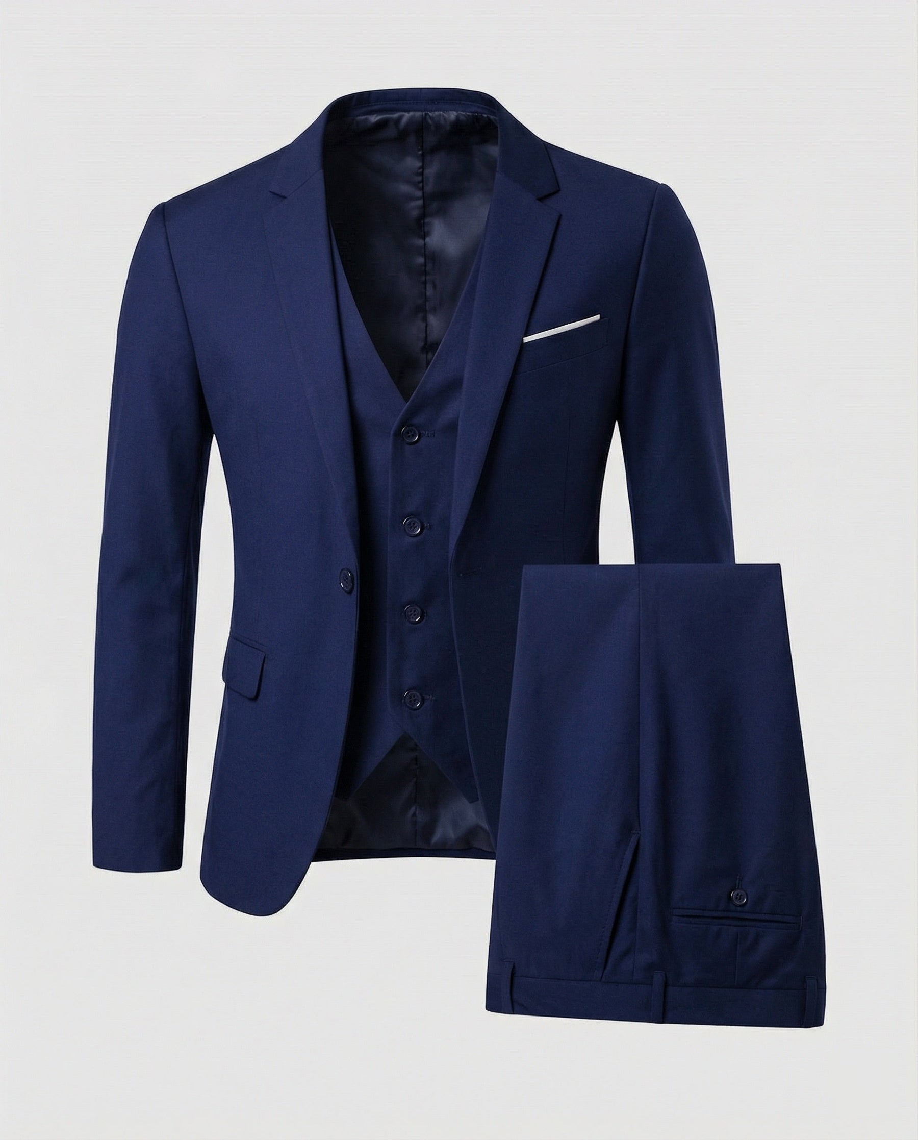 Costume trois pièces ajusté avec gilet bleu foncé pour homme
