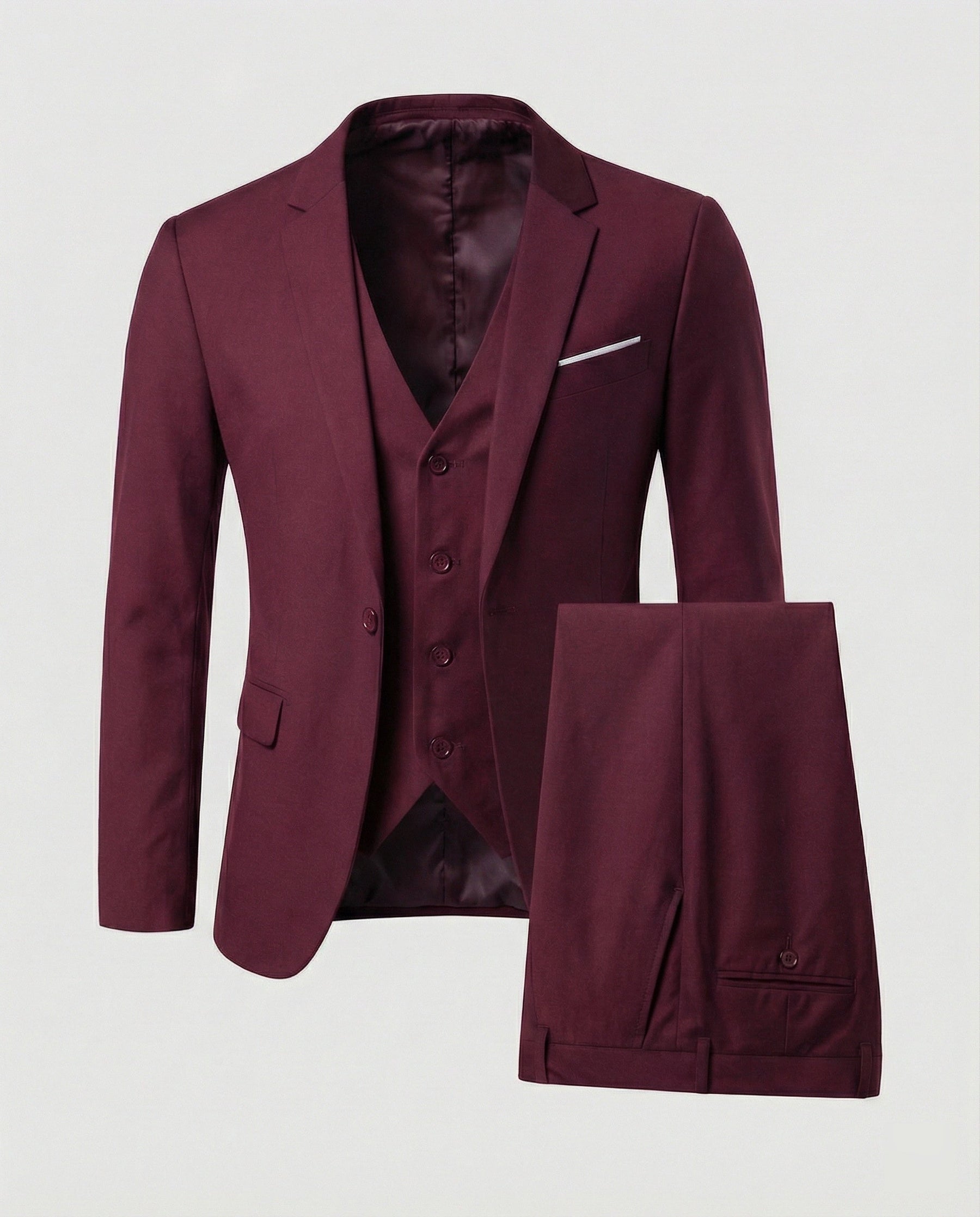 Costume trois pièces ajusté avec gilet bordeaux pour homme