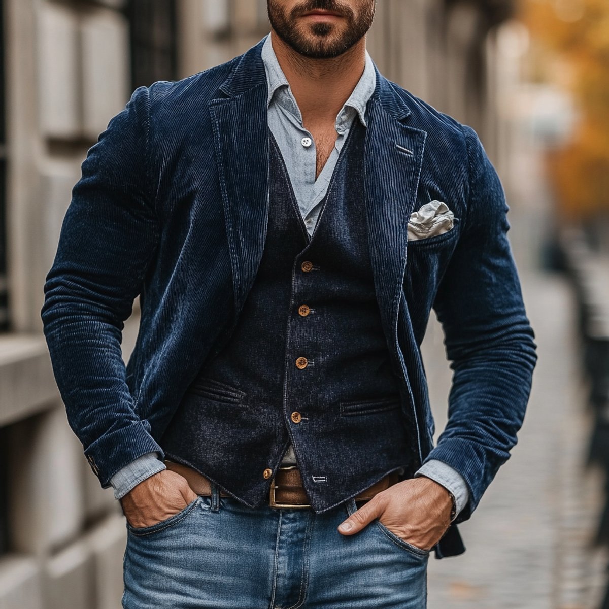 Ensemble blazer et gilet texturé bleu marine pour homme