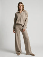 Ensemble col polo pantalon large fluide beige pour femme