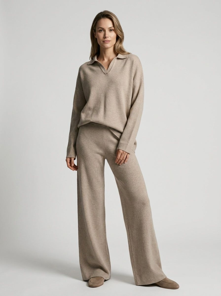 Ensemble col polo pantalon large fluide beige pour femme