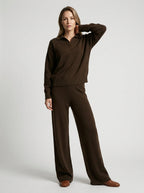 Ensemble col polo pantalon large fluide bordeaux pour femme