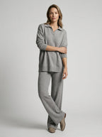 Ensemble col polo pantalon large fluide gris pour femme