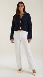 Gilet court côtelé boutons dorés bleu foncé pour femme