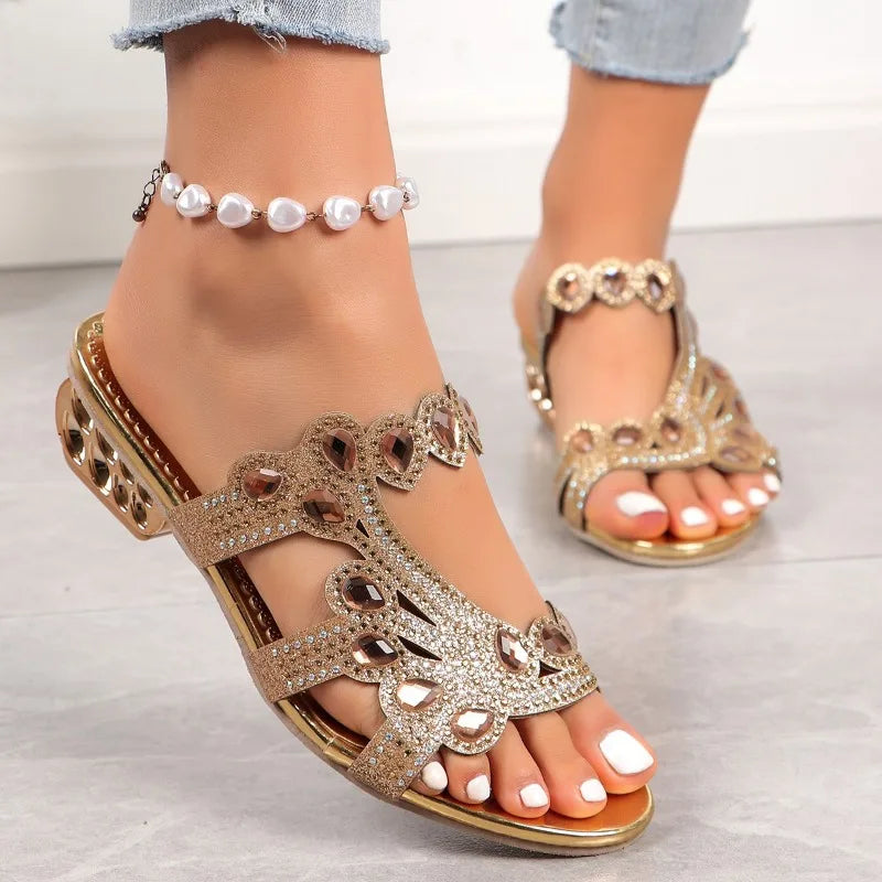 Close-up detail of crystal and gemstone embellishments on straps