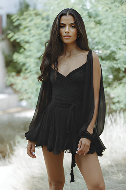 Wrap dress waist tie and V-neckline detail, side angle